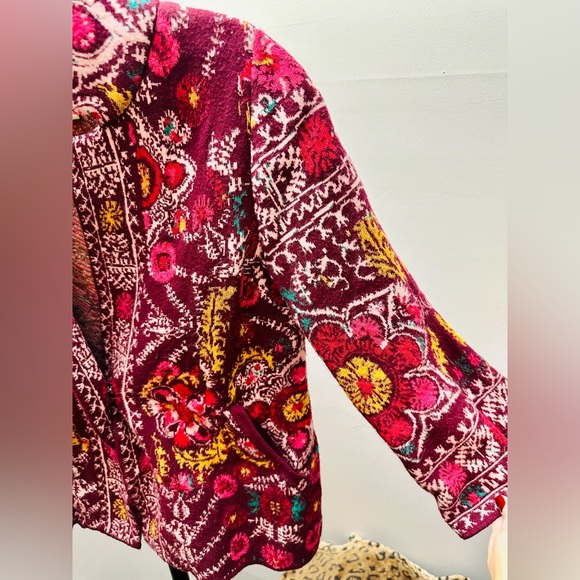 Moth for Anthropologie Berry Multi Floral One-Button, 3/4-Sleeve Cardi, XXS - Picture 5 of 8